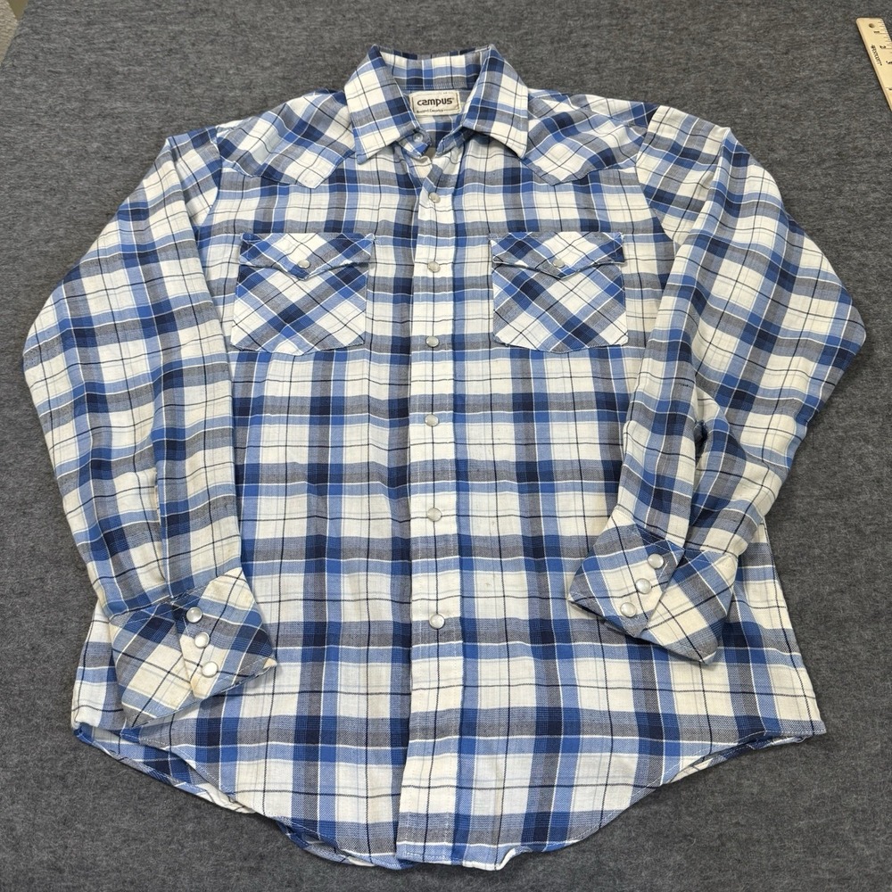 VTG 80s Campus Button Down Shirt Mens M 15 1/2 Western Pearl Snap Plaid Distress